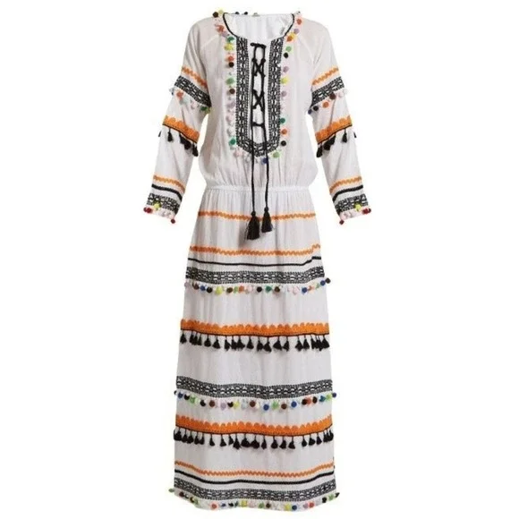 Dodo Bar Or Striped Pom Pom Maxi Dress Multi‎ Color Medium Boho Festival NEW - Picture 2 of 12